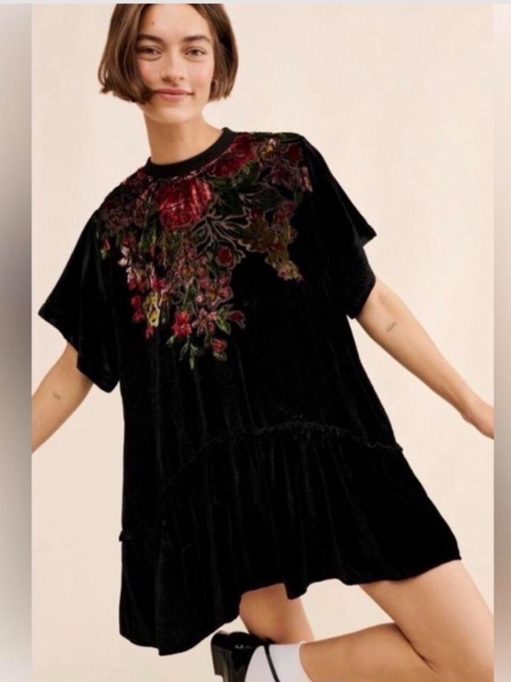 Free People Black Velvet Mini Dress with Floral Embroidery